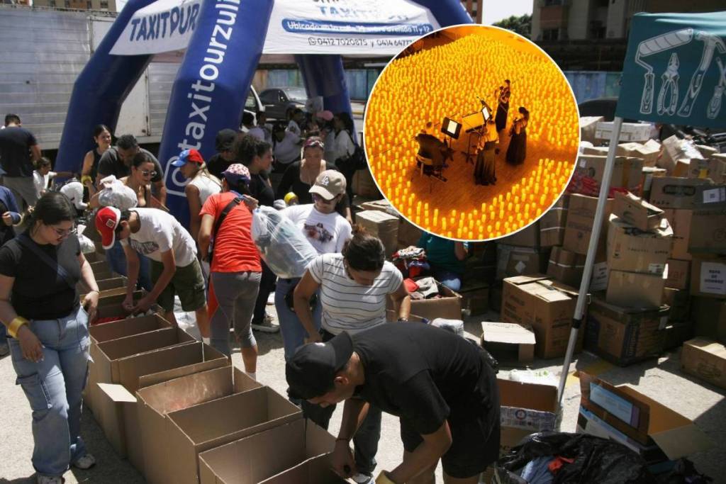 Varios voluntarios organizan cajas con ayuda humanitaria a favor de Venezuela tras el desastre sísmico, y un cuarteto de cuerda toca sobre un escenario cubierto de velas durante un concierto Candlelight.