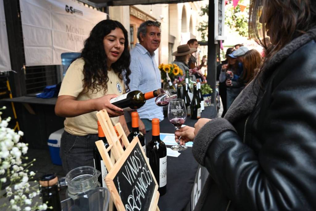 Plano medio de una sumiller de pie en un stand de vinos al aire libre, vertiendo vino tinto de una botella en una copa de cata que sostiene un cliente.