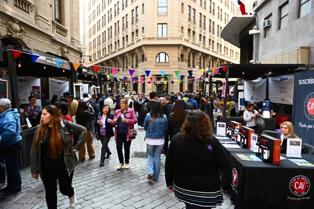 Vista panorámica de una calle empedrada peatonal llena de gente paseando entre stands de ferias de vino.