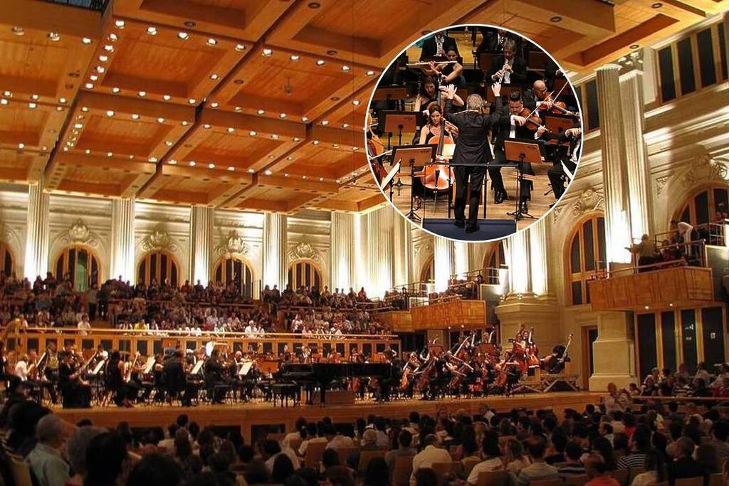 foto sala sao paulo com colagem de foto de maestro de costas e maos levantadas