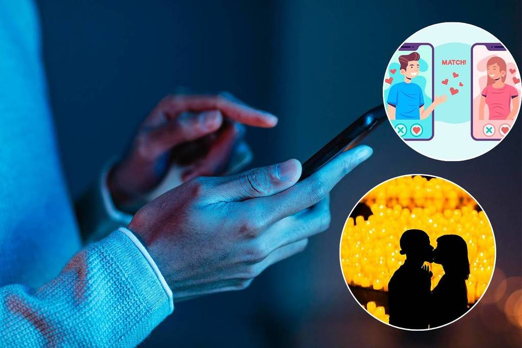 maos de um homem em close clicando na tela do celular com dedo indicador e dois circulos, um com desenho de match em aplicativo de relacionamento e outra com um a silhueta de um casal beijando em um concerto candlelight