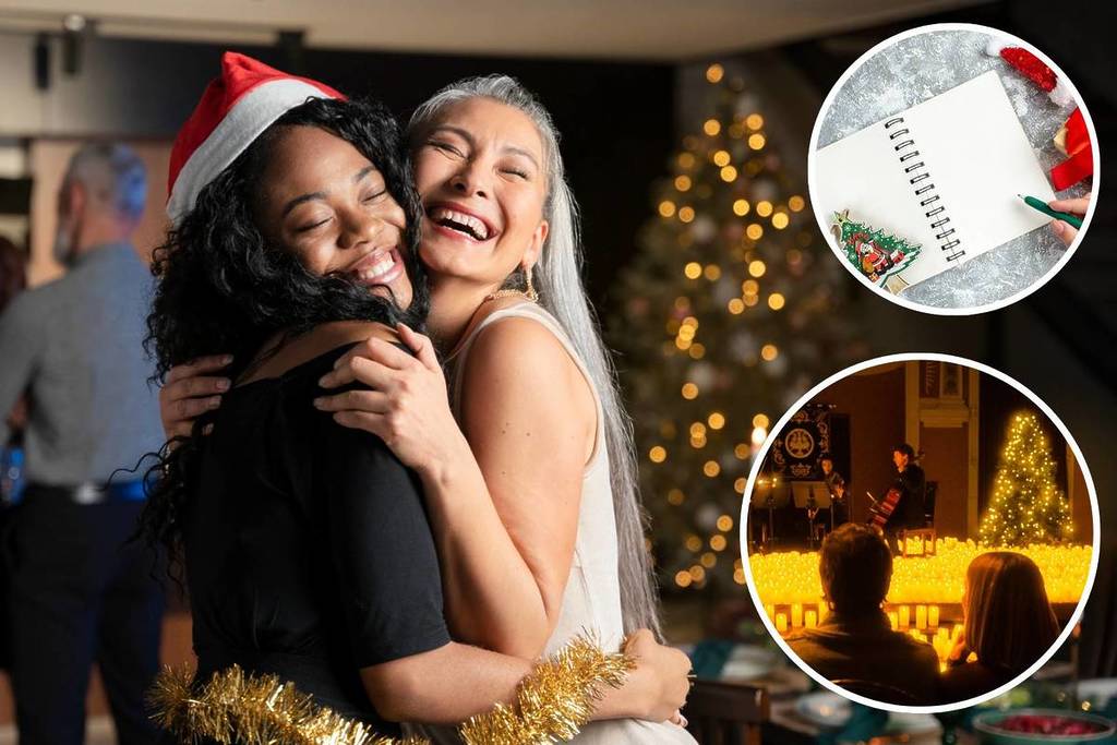 duas moças abraçadas em primeiro plano e uma arvore de natal com çiuzes amarelas desfocadas no fundo e colagem com imagem de um concerto candlelight com palco cheio de velas LED e um caderno com uma mao segurando um lápis na tematica de natal