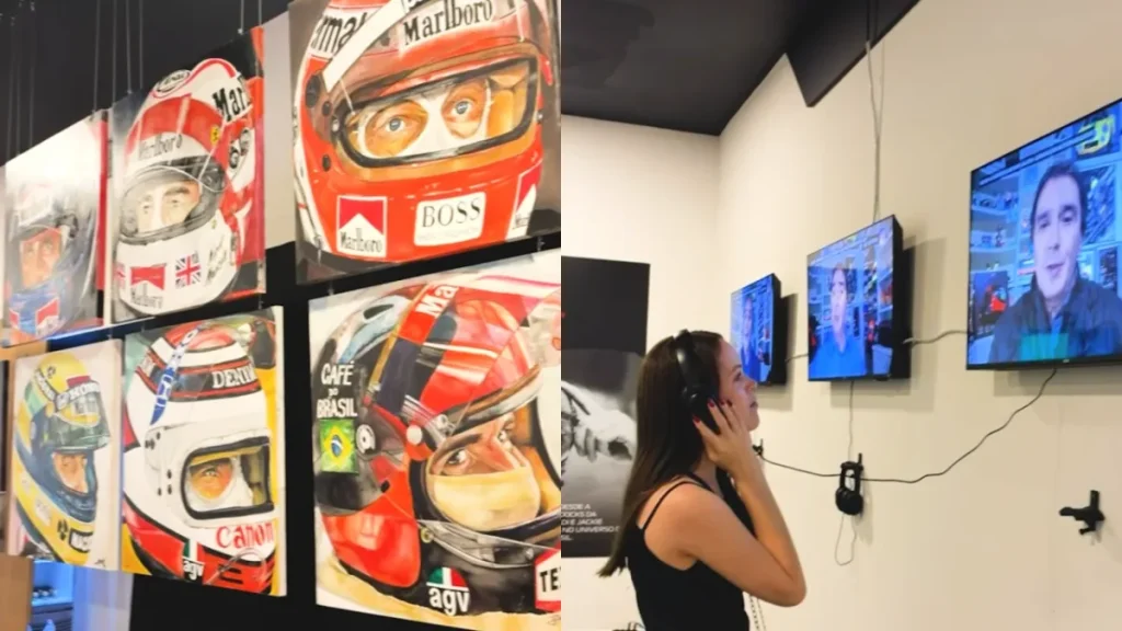 Exposição celebra 50 anos de carreira de Reginaldo Leme com simulador de Interlagos e carrinhos da F1 no Shopping Vila Olímpia