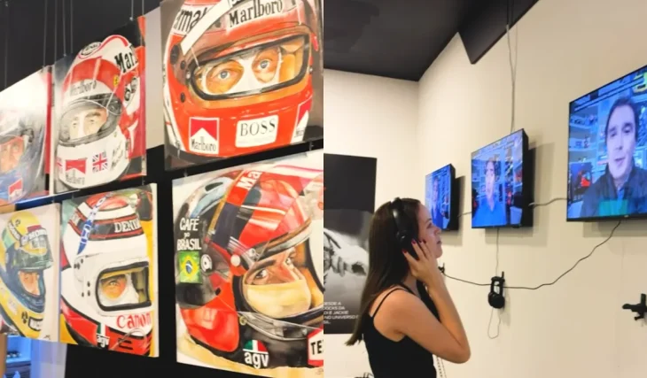 Exposição celebra 50 anos de carreira de Reginaldo Leme com simulador de Interlagos e carrinhos da F1 no Shopping Vila Olímpia