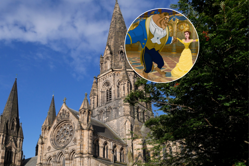 St Mary's Episcopal Church in Edinburgh outside view plus the Beast and Belle dancing