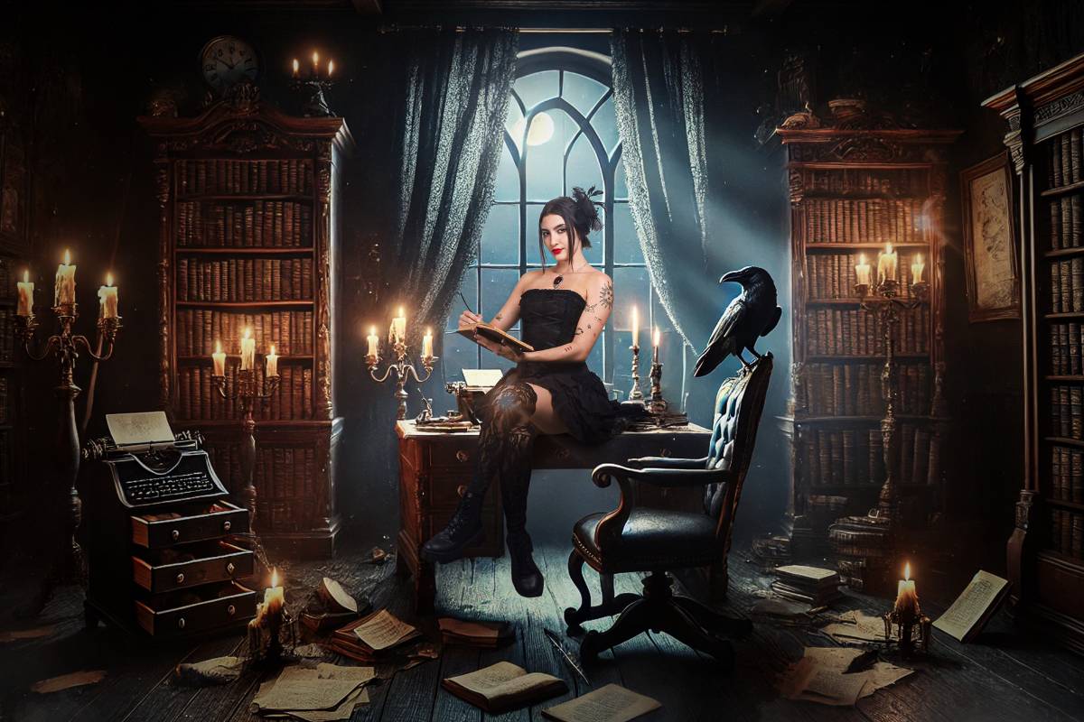 woman in dimly lit room with books