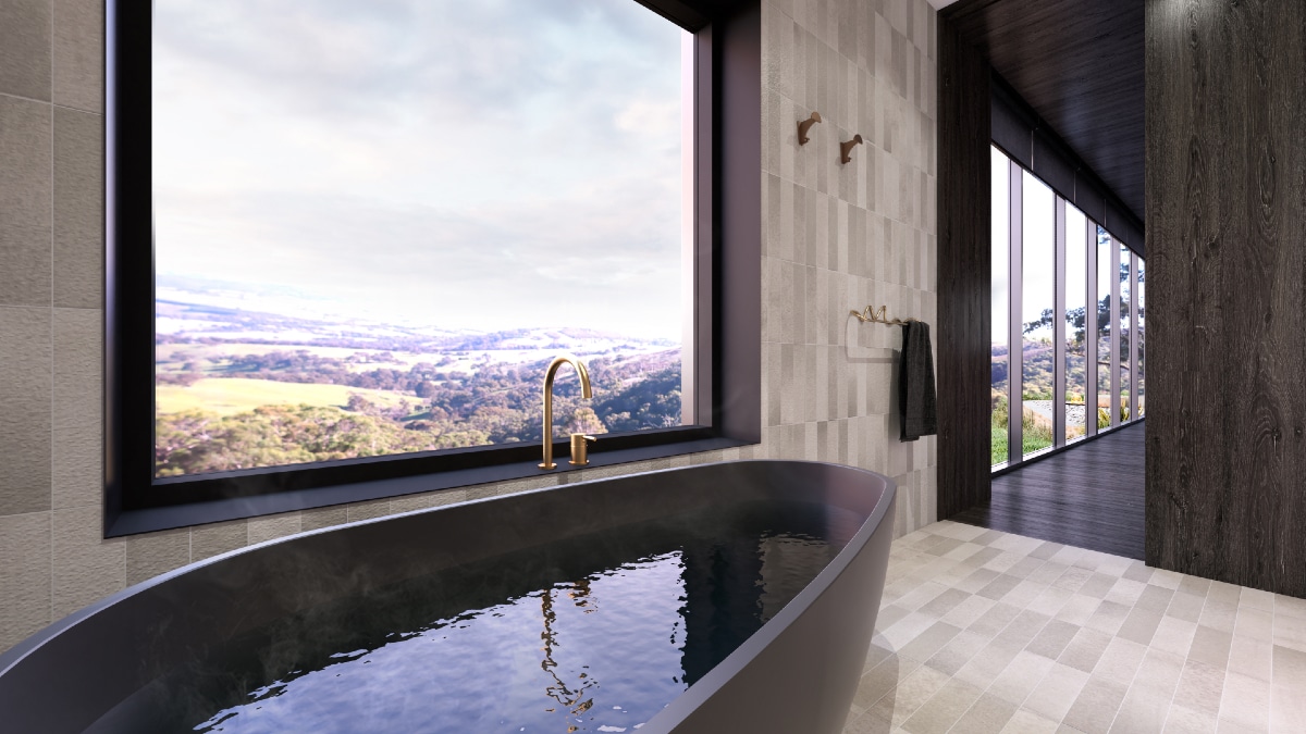 a photo of a bathtube with valley views