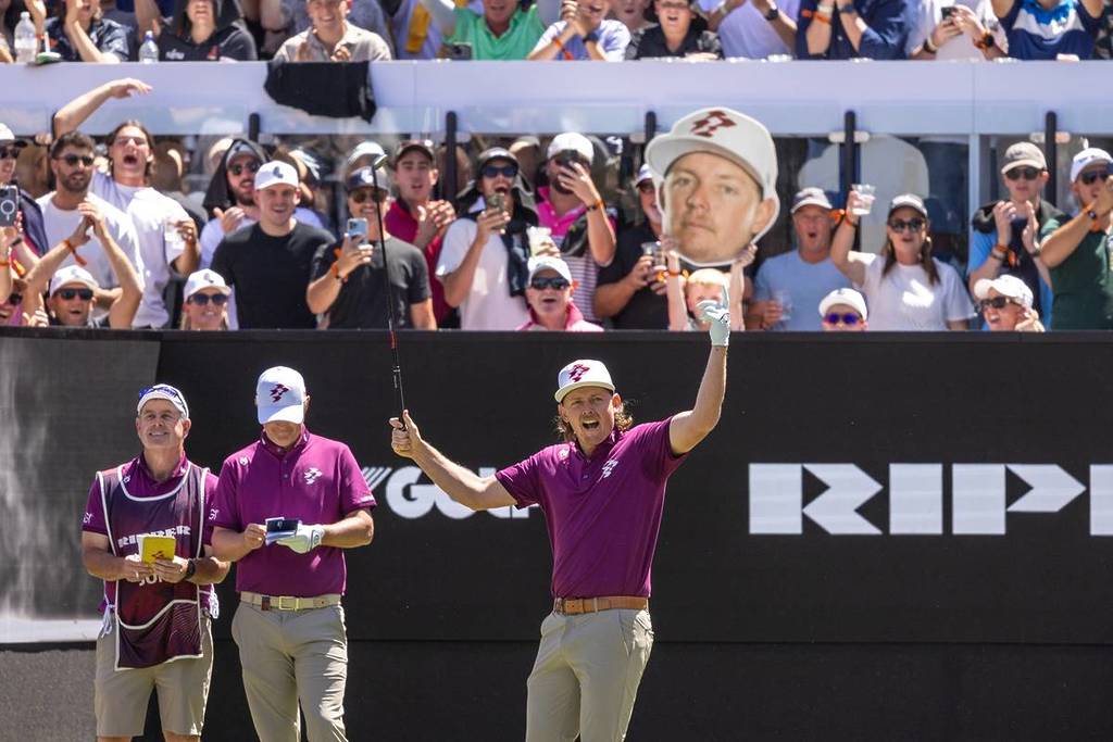 Cam Smith celebrates in front of a stand full of supporters at LIV Golf in Adelaide.