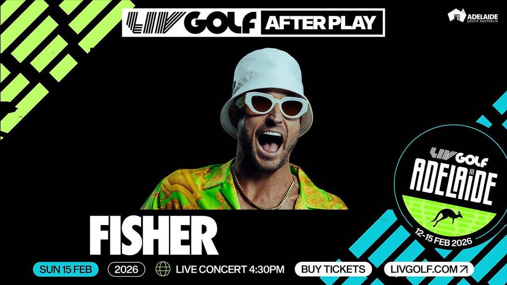 A poster advertising the performance by Fisher at LIV Golf Adelaide.