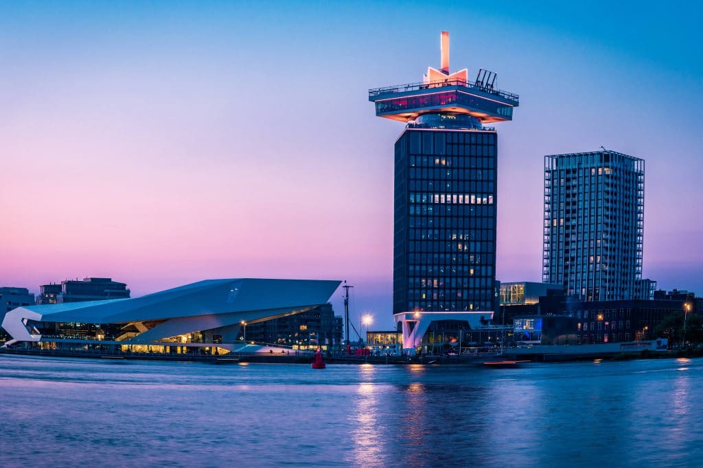 'dam Toren in Amsterdam pictured at sunset.