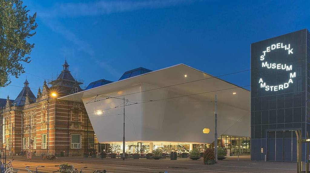 The striking white, modern extension of the Stedelijk Museum Amsterdam on Museumplein.