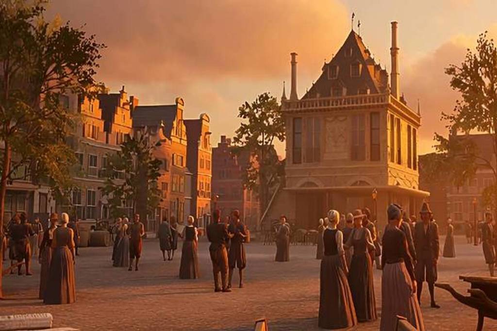Digital 3D reconstruction of Dam Square in Amsterdam in the year 1652 during a historical VR experience.