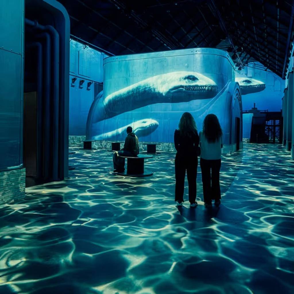 Two people viewing prehistoric dinosaurs at the Fabrique des Lumières in Amsterdam
