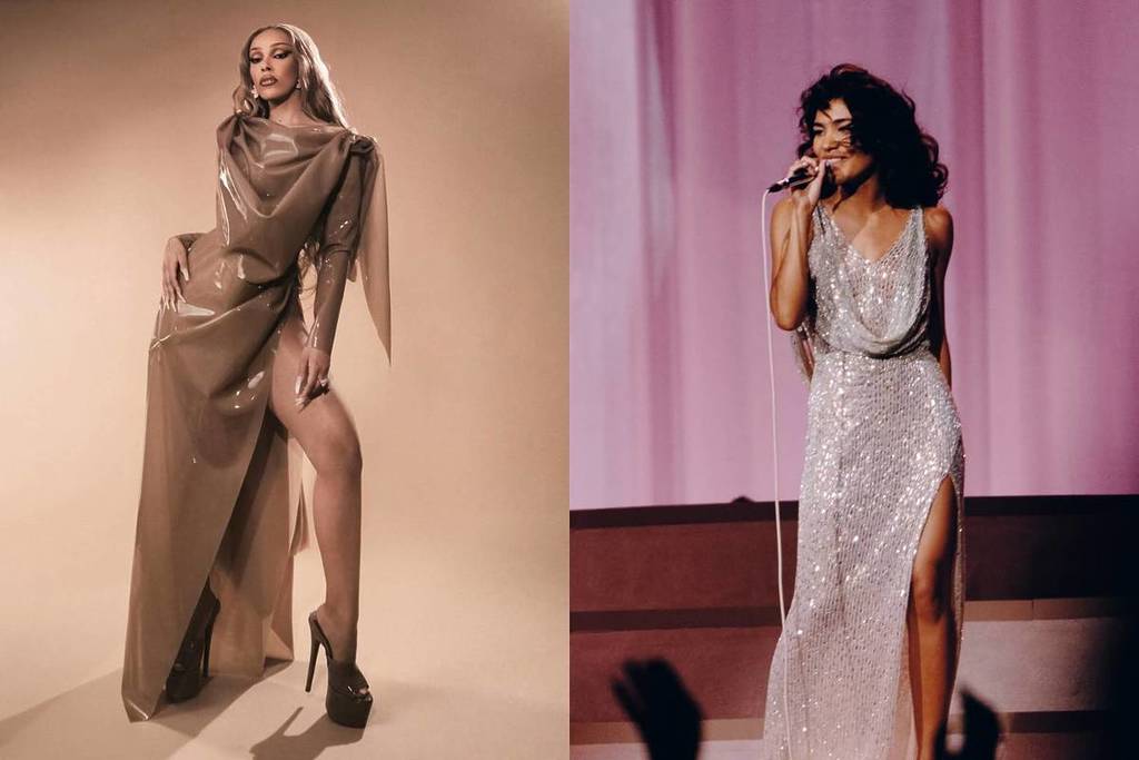 Una foto che ritrae insieme le pop star Doja Cat e Olivia Dean. A sinistra, Doja Cat posa in un luccicante abito di lattice beige; a destra, Olivia Dean canta sul palco in un scintillante abito da sera argentato.
