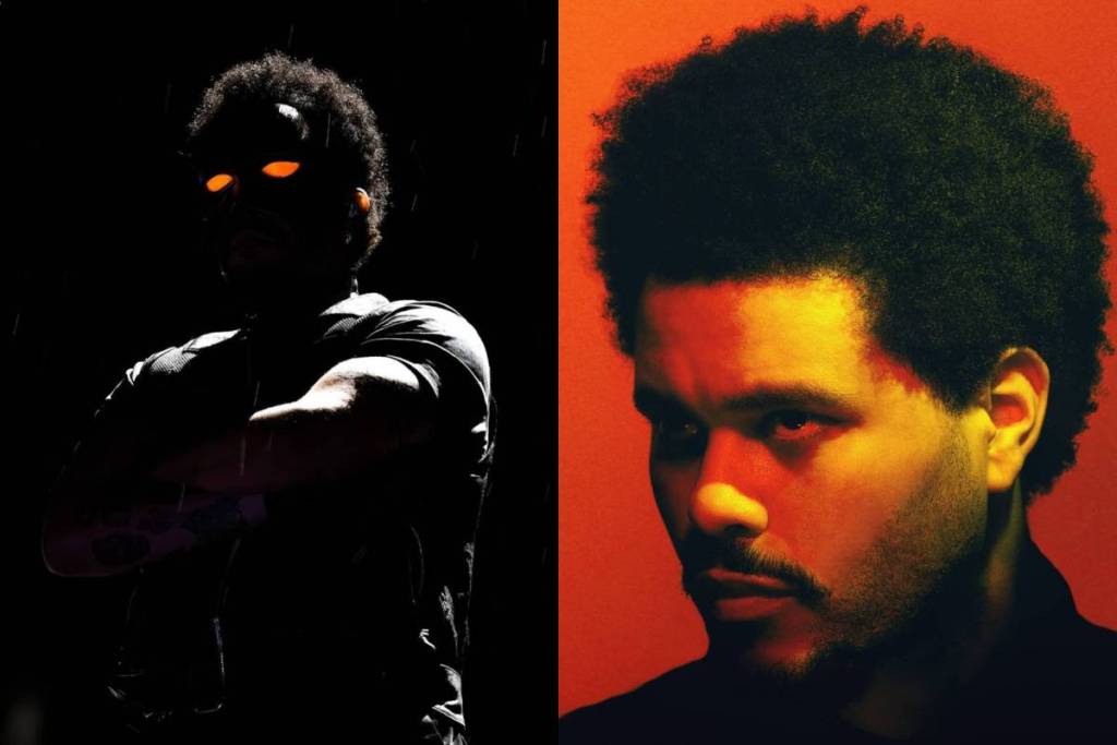 Double portrait of singer The Weeknd in a dark and orange glow to promote his concerts in Amsterdam.