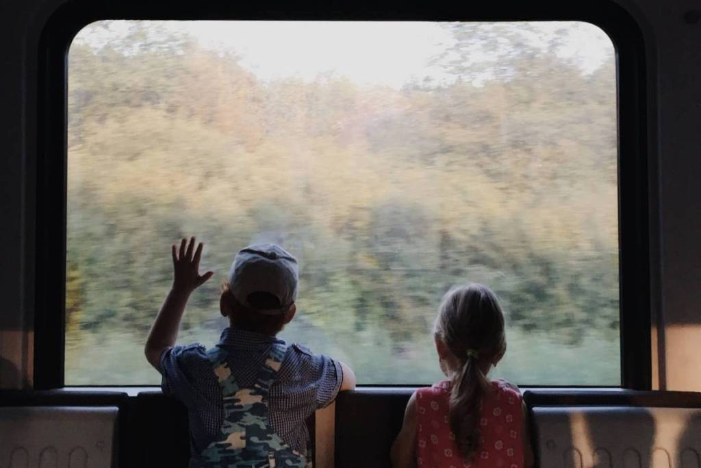 Deux jeunes enfants vus de dos, regardant par la grande fenêtre d’un wagon en marche un paysage naturel verdoyant qui défile, tandis que le petit garçon fait un signe de la main.