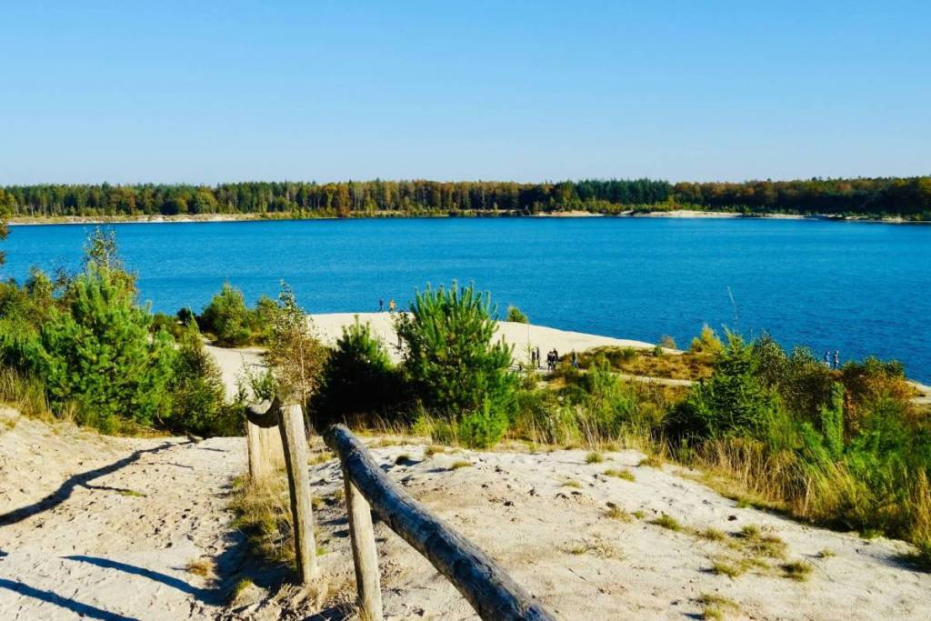 View from a sandy path with a wooden fence overlooking the deep-blue swimming lake, the Gasselterveld, in the Gieten-Borger forest reserve.