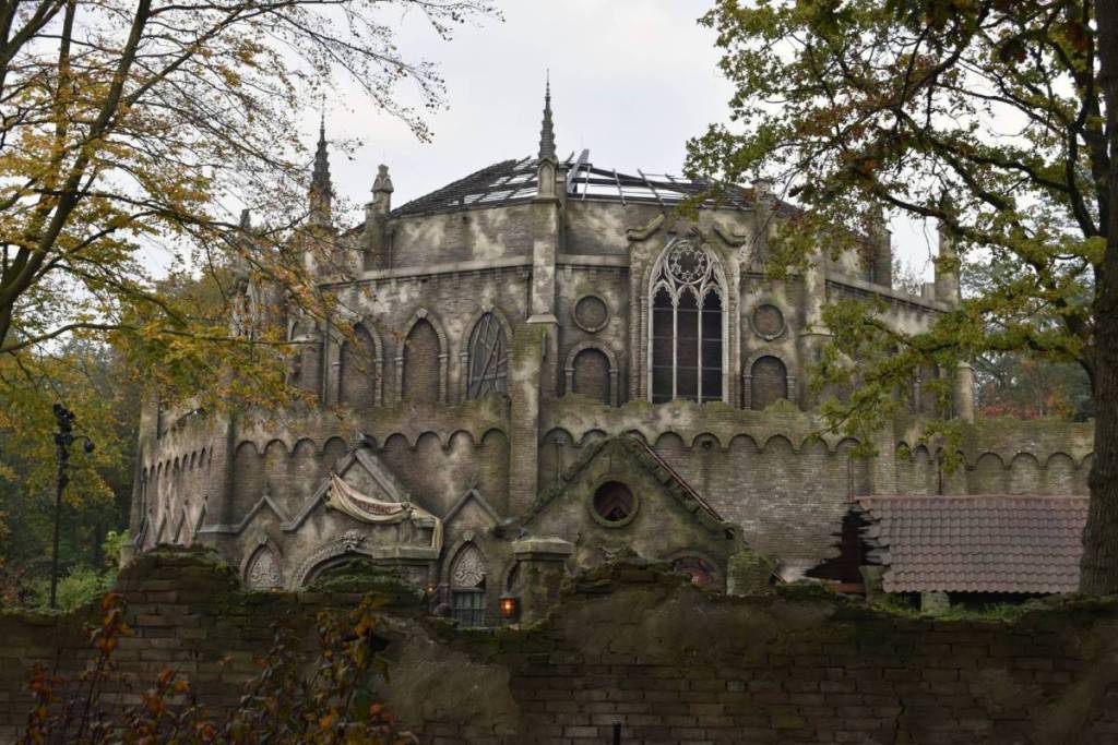 The dark Gothic building of the horror attraction Danse Macabre in the Huyverwoud at Efteling