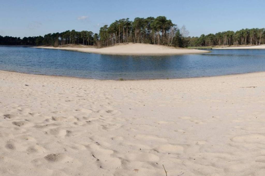 Una vista mozzafiato dall’ampia spiaggia di sabbia bianca dell’Henschotermeer, che si estende sull’acqua fino all’isola ricoperta di alberi sotto un cielo azzurro e limpido.