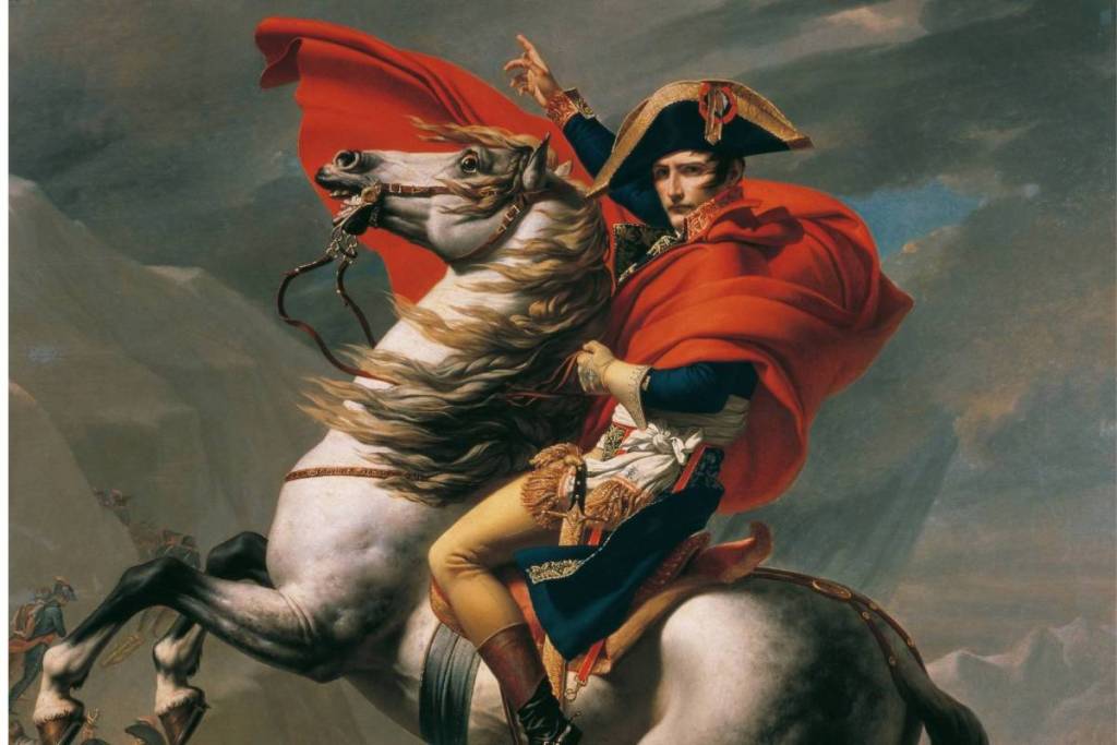 Het beroemde historische schilderij van Napoleon Bonaparte te paard met een wapperende rode mantel.