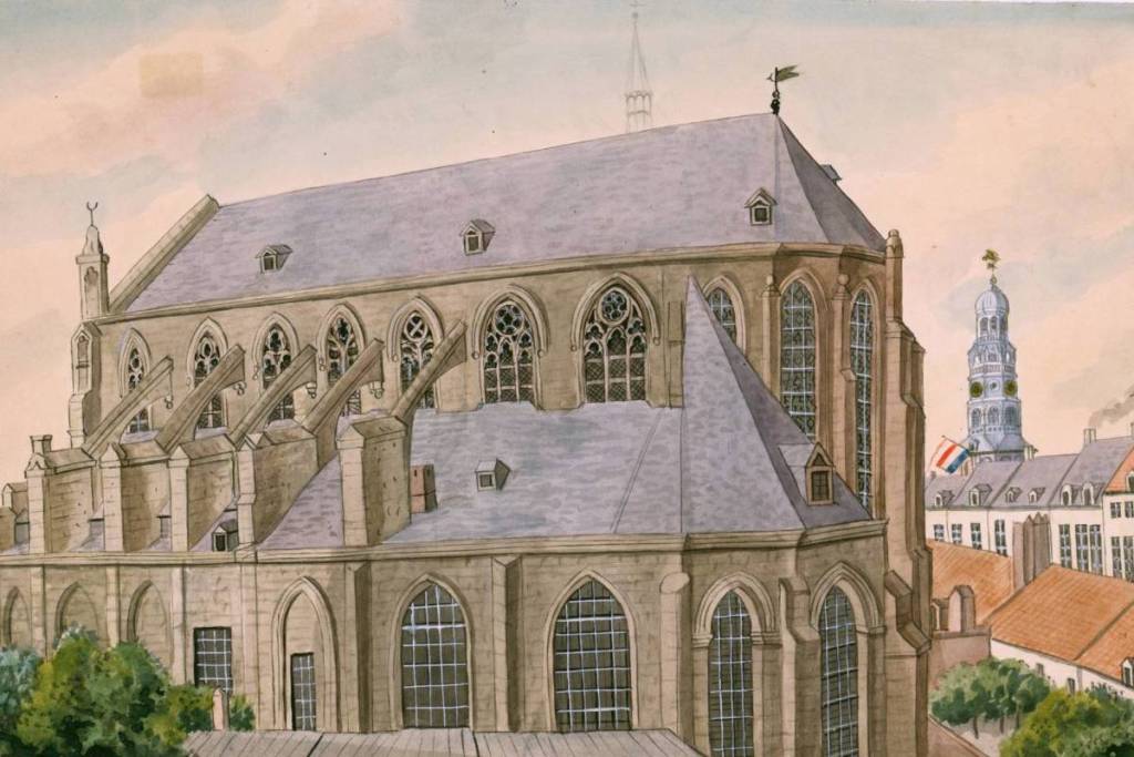 A historical watercolor of the exterior and Gothic flying buttresses of the 13th-century Dominican Church in Maastricht.