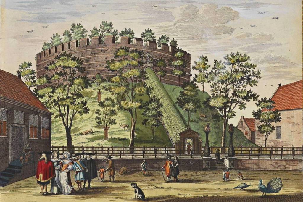 Grabado histórico del siglo XVII del castillo de Leiden sobre la colina verde, con el antiguo recinto de ciervos y paseantes vestidos con ropa de la Edad de Oro.