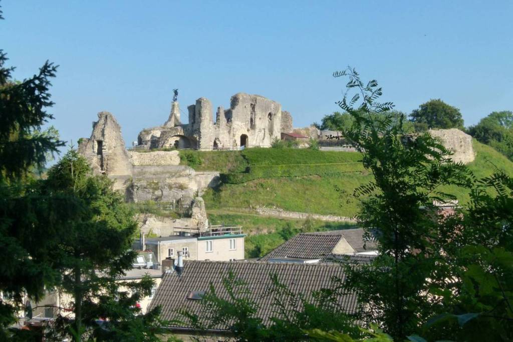 Vista sulle rovine storiche del castello di Valkenburg sulla collina, circondate dal verde e dai tetti del paese
