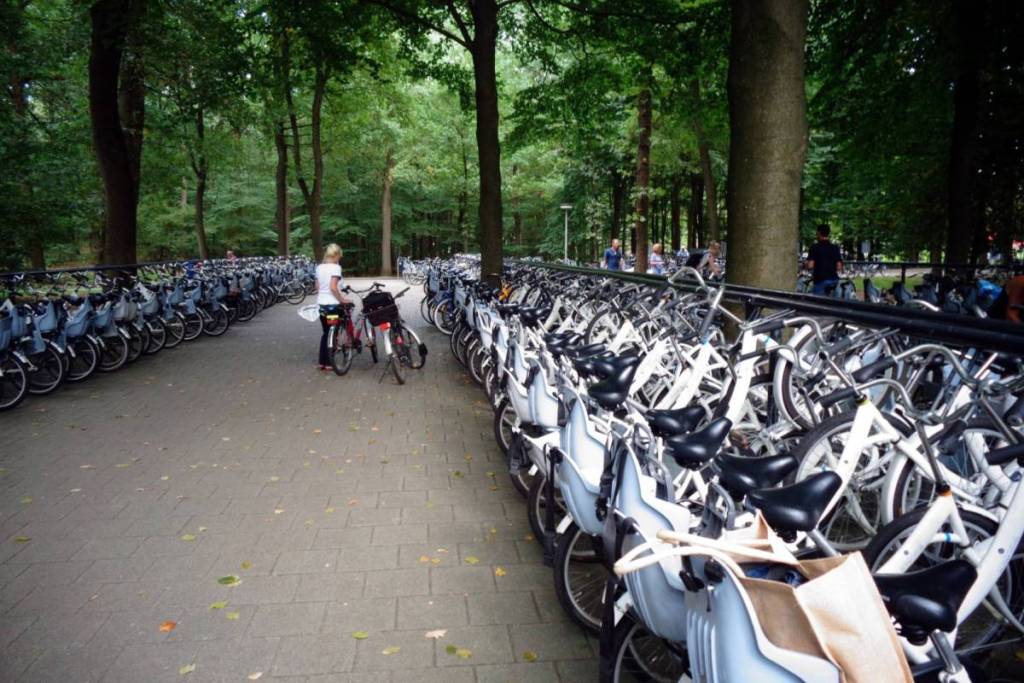 Lunghe file delle famose “Witte Fiets” gratuite in un deposito coperto nel cuore del bosco di De Hoge Veluwe.