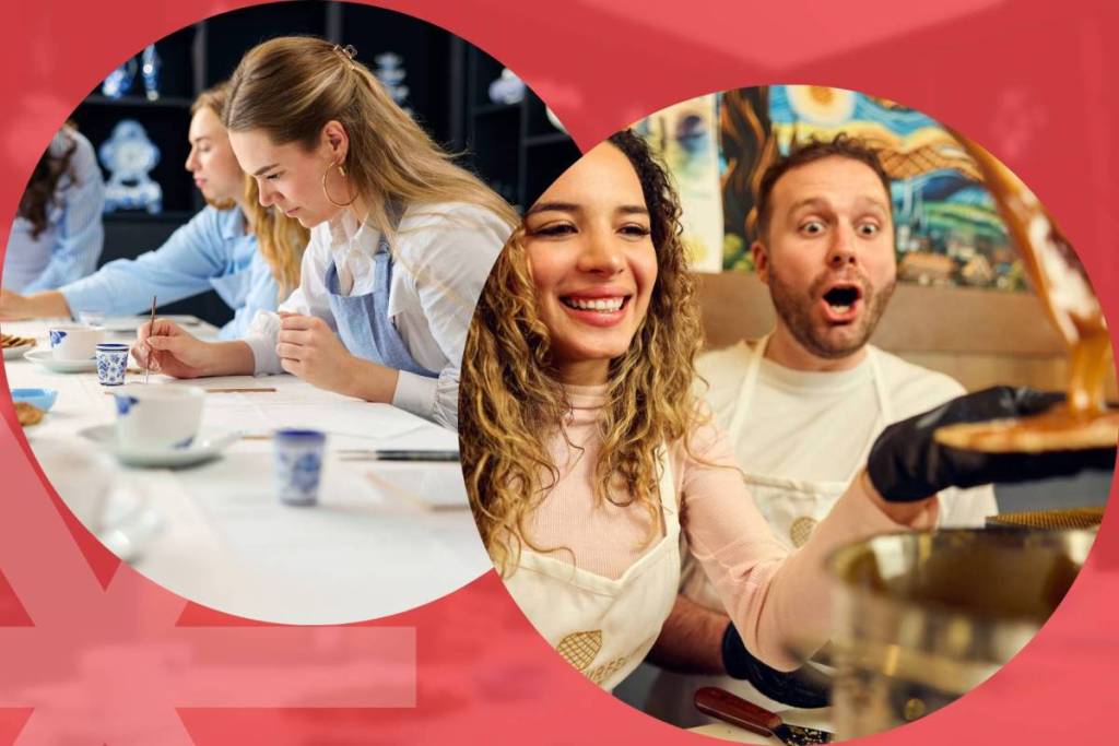 Fotocollage op een rode achtergrond met twee ronde foto's: links een workshop Delfts blauw tegels schilderen en rechts een workshop stroopwafels maken.