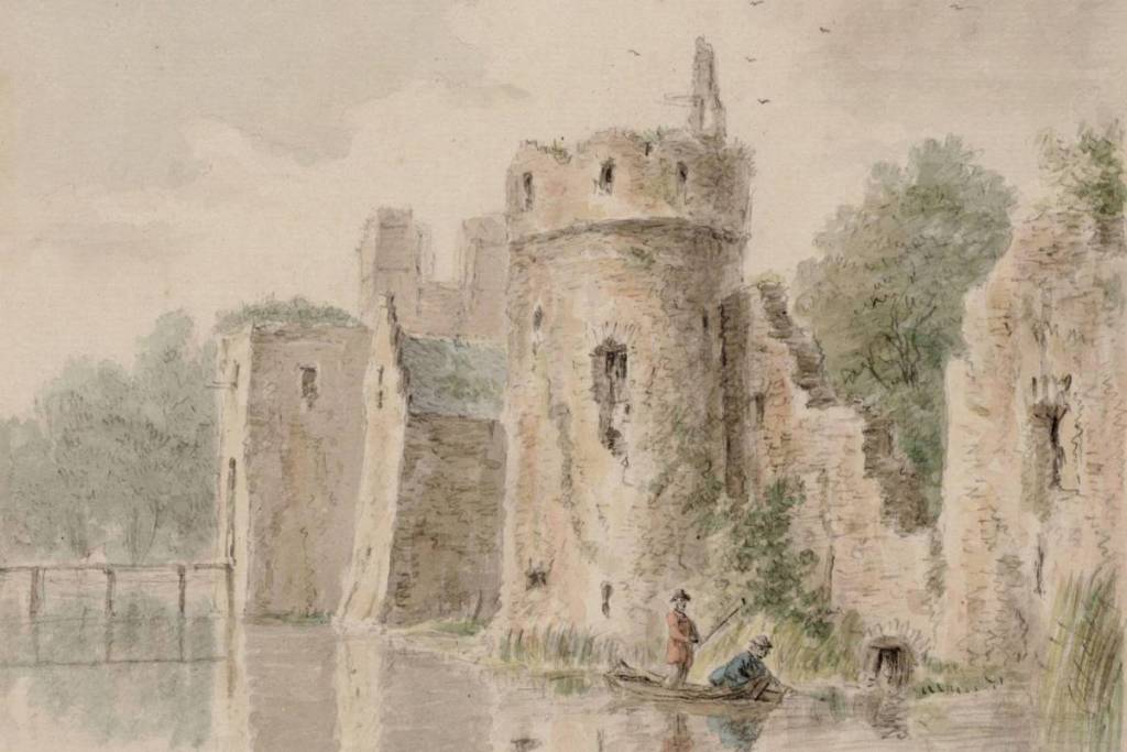 Een historische aquareltekening van de sfeervolle ruïne van Kasteel Ouderkerk aan de Amstel, met de middeleeuwse weermuren, torens en twee vissers in een bootje op de voorgrond.
