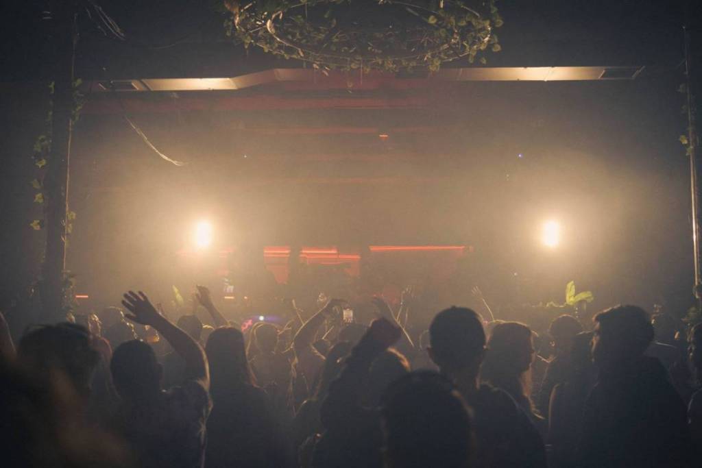 Sfeervol verlichte zaal vol mensen met de handen in de lucht tijdens een dance-event.