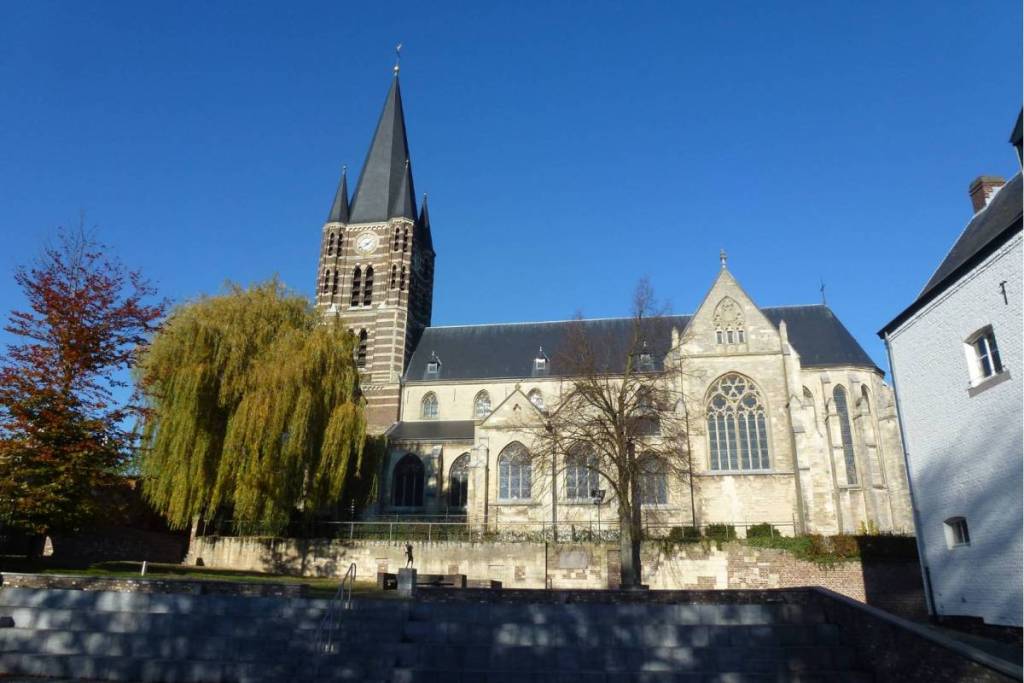 De grote Abdijkerk in Thorn met haar hoge toren en een gele treurwilg aan de voet onder een heldere blauwe lucht.