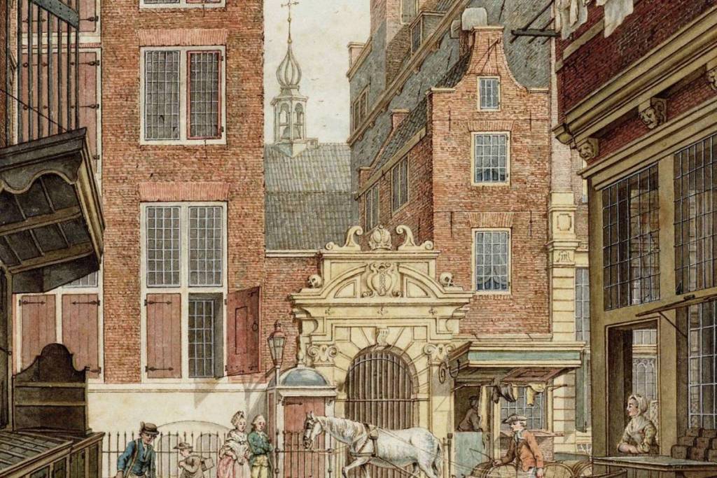 Dibujo histórico de la casa más pequeña de Ámsterdam, en el número 22, situada junto a la famosa puerta de acceso a la Iglesia Valona en la Oude Hoogstraat.
