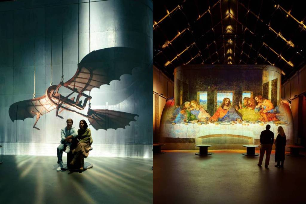 Images d’ambiance de la Fabrique des Lumières d’Amsterdam avec des projections de la machine volante de Da Vinci et de « La Cène ».