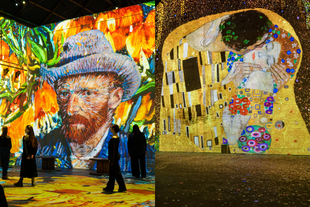Des spectateurs devant des projections immersives à la Fabrique des Lumières : à gauche, l’autoportrait de Vincent van Gogh, à droite, Le Baiser de Gustav Klimt.