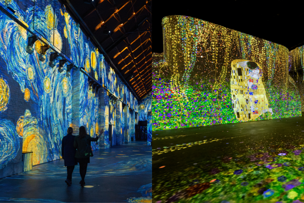 Projections immersives à la Fabrique des Lumières : à gauche, « La Nuit étoilée » de Van Gogh avec des visiteurs ; à droite, « Le Baiser » de Klimt.