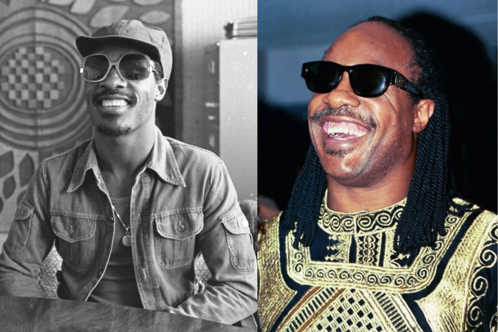 Zwei Porträts von Stevie Wonder nebeneinander aus den Jahren 1975 und 1994