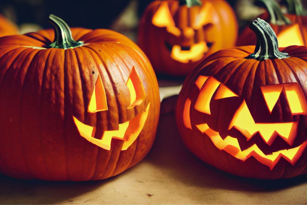 Eine Gruppe stimmungsvoller, von innen beleuchteter Halloween-Kürbisse mit gruseligen, ausgeschnittenen Gesichtern auf dunklem Hintergrund.