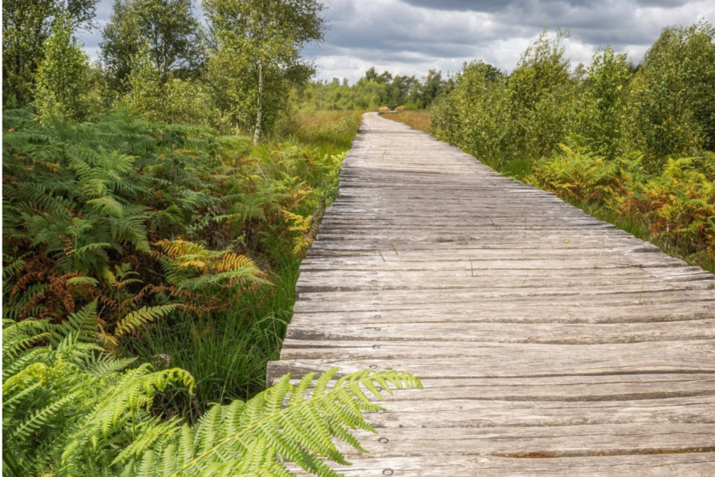 Ein Holzsteg, der sich durch das sumpfige Hochmoor und das Grün des Nationalparks De Groote Peel schlängelt.