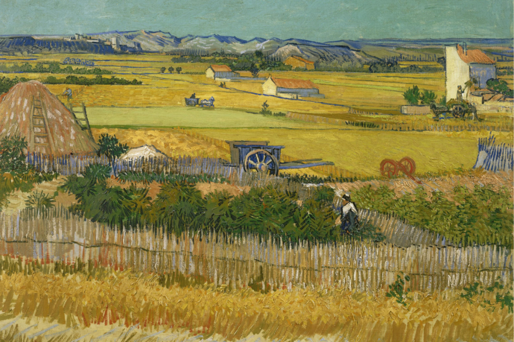Das berühmte Gemälde „Die Ernte“ von Vincent van Gogh, dargestellt mit gelben Getreidefeldern und einer provenzalischen Landschaft im Hintergrund.
