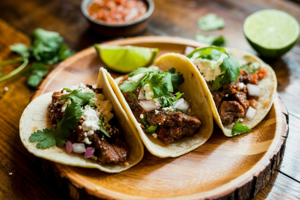 Drei weiche Maistacos auf einem Holzteller, belegt mit gegrilltem Fleisch, Feta, frischem Koriander und gehackten roten Zwiebeln.