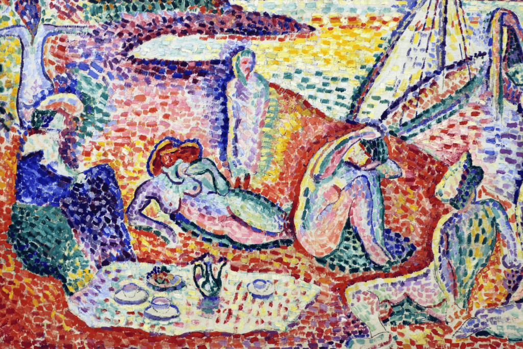 Pointillistisch-fauvistisches Gemälde „Luxe Calme et Volupté“ von Henri Matisse mit nackten Figuren und einem Segelboot am Strand.