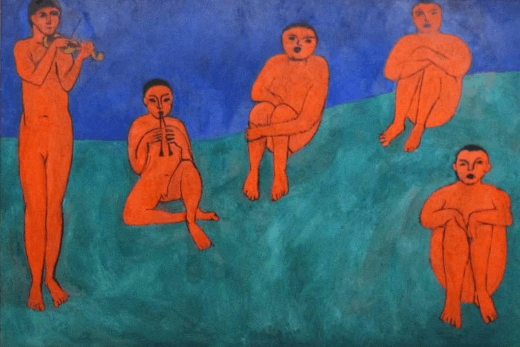 Das ikonische Gemälde „La Musique“ von Henri Matisse mit roten menschlichen Figuren auf einem grün-blauen Hintergrund.
