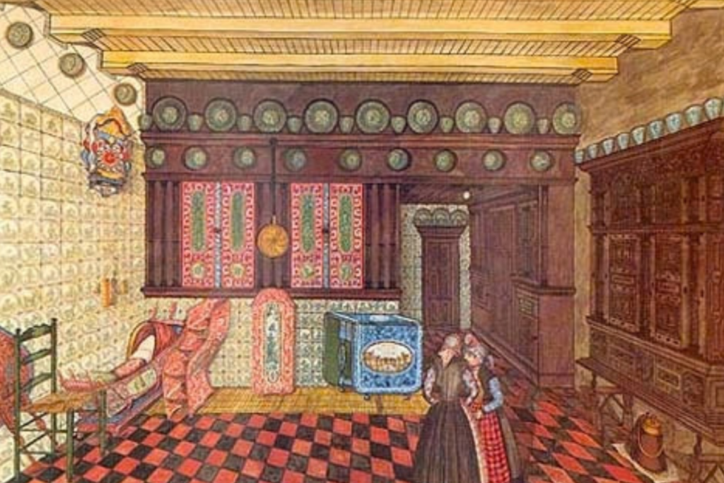 Farbenfrohe Illustration eines traditionellen Hindelooper Interieurs mit bemalten Wandfliesen, Möbeln und Trachten