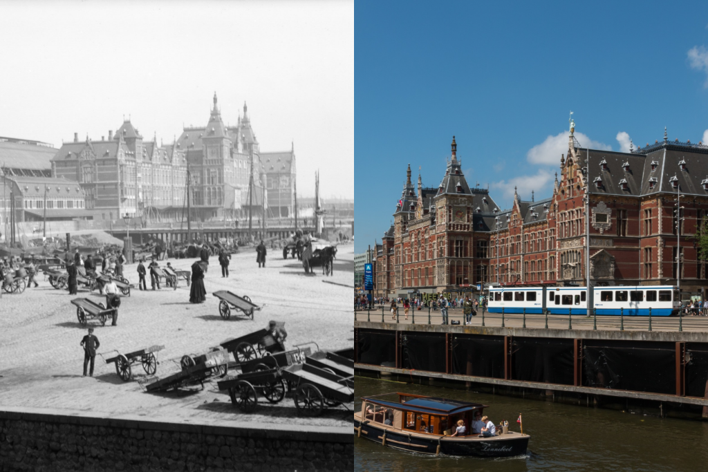 Historisches Schwarz-Weiß-Foto des Kais am Amsterdamer Hauptbahnhof mit Holzkarren und Spaziergängern, daneben ein modernes Farbfoto der Fassade mit einer Straßenbahn und einem Ausflugsboot im Wasser.
