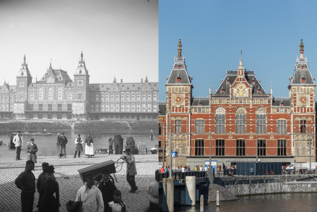 Historisches Schwarz-Weiß-Foto der imposanten Fassade des Amsterdamer Hauptbahnhofs und der Umstehenden am Kai, neben einem aktuellen Farbfoto des restaurierten Bahnhofsgebäudes mit dem Eingang zur U-Bahn.