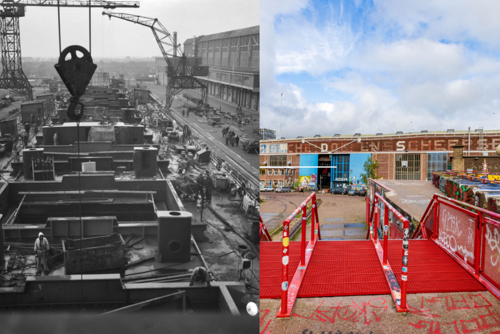 Split-Screen der historischen Werft voller Kräne (links) und der heutigen NDSM-Werft mit einer roten Brücke und der Scheepsbouwloods (rechts).