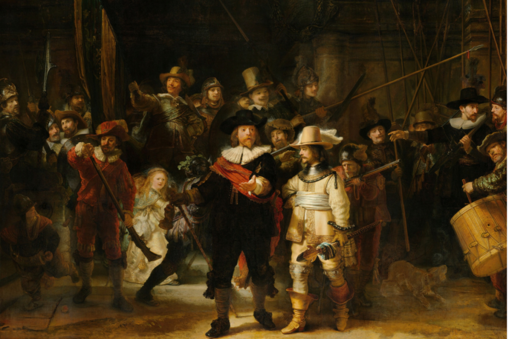 Das weltberühmte Gemälde „Die Nachtwache“ von Rembrandt van Rijn mit der Schützengilde in Aktion.