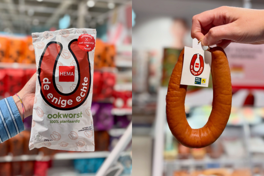 Eine Packung der pflanzlichen HEMA-Wurst und eine klassische HEMA-Räucherwurst, fotografiert in einem Geschäft.