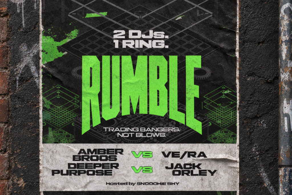 Plakat für das Rumble-DJ-Event während der ADE mit den Künstlern Amber Broos vs. VE/RA und Deeper Purpose vs. Jack Orley im The Butcher Social Club.